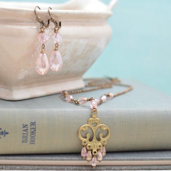 Pink Art Nouveau Necklace and Earrings Set - Picture 3 of 3